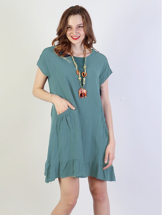 Shift Dress with Flouncy Edge. Cut-out Shoulder and Pockets